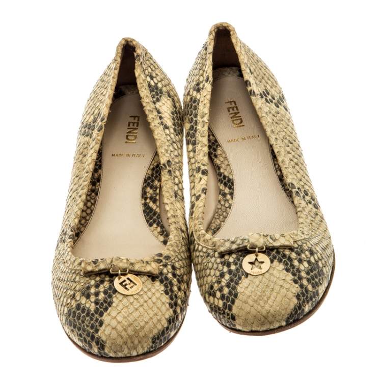 Pre Owned Fendi Beige Python Leather Bow Detail Ballet Flats Size 38
