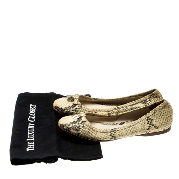 Pre Owned Fendi Beige Python Leather Bow Detail Ballet Flats Size 38