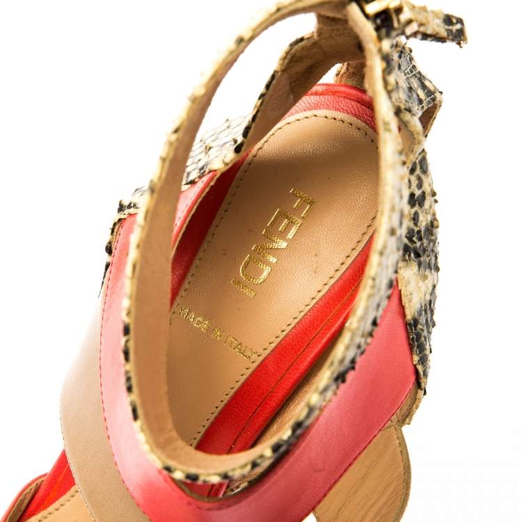 Pre Owned Fendi Tricolor Leather And Python Leather Ankle Strap Platform Sandals Size 37