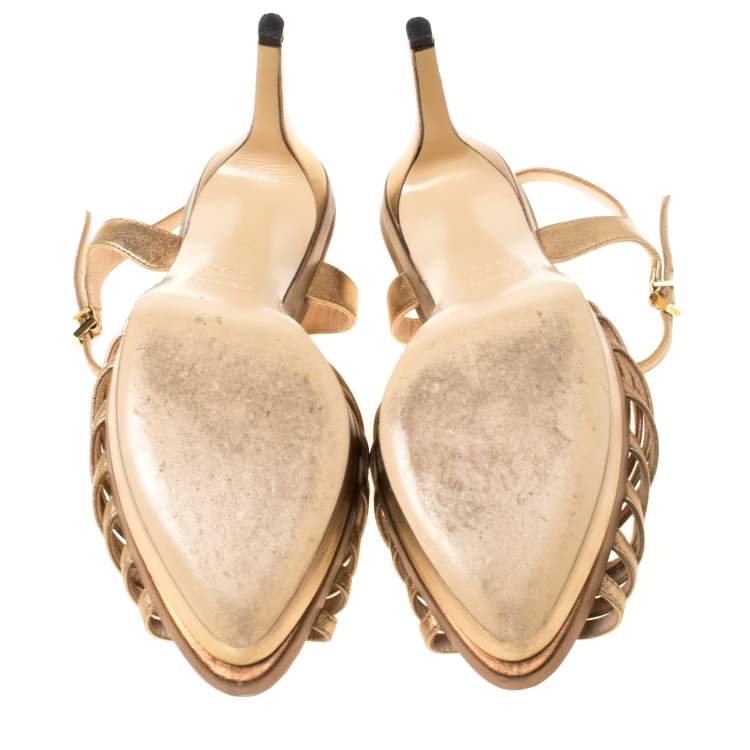 Pre Owned Fendi Metallic Dull Gold Leather T Strap Platform Sandals Size 37.5