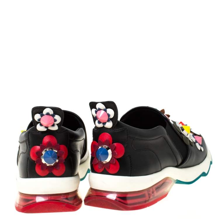 Pre Owned Fendi Black Leather Flowerland Ffast Slip On Sneakers Size 40