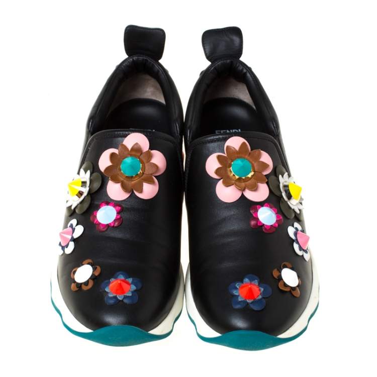 Pre Owned Fendi Black Leather Flowerland Ffast Slip On Sneakers Size 40