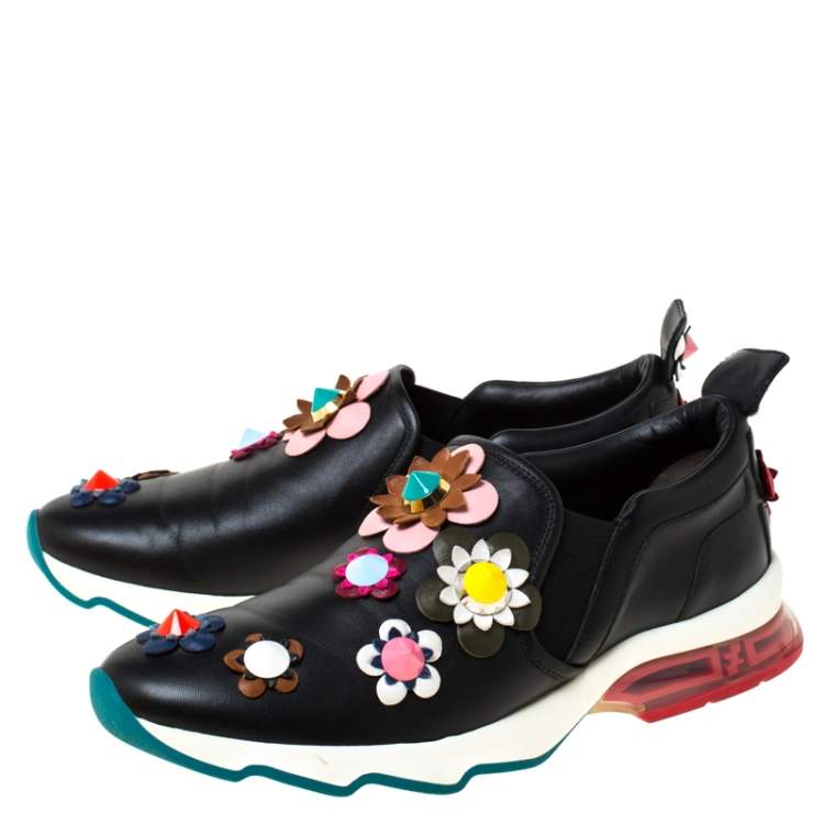 Pre Owned Fendi Black Leather Flowerland Ffast Slip On Sneakers Size 40