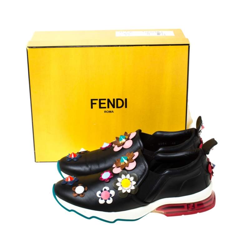 Pre Owned Fendi Black Leather Flowerland Ffast Slip On Sneakers Size 40