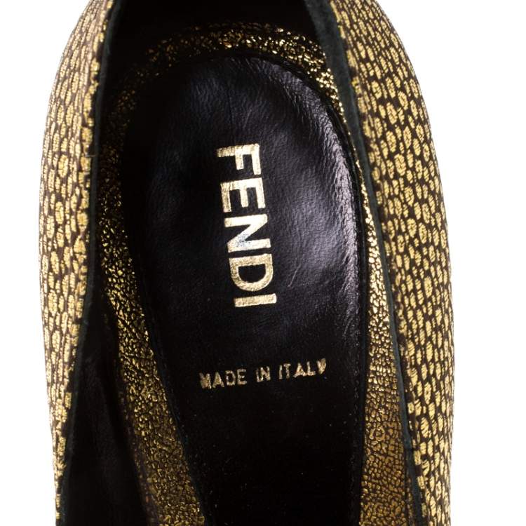 Pre Owned Fendi Metallic Gold Brocade Fabric Deco Bow Peep Toe Platform Pumps Size 39