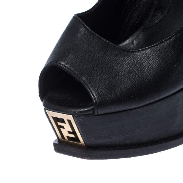 Pre Owned Fendi Black Leather Ankle Warp Peep Toe Pumps Size 36.5