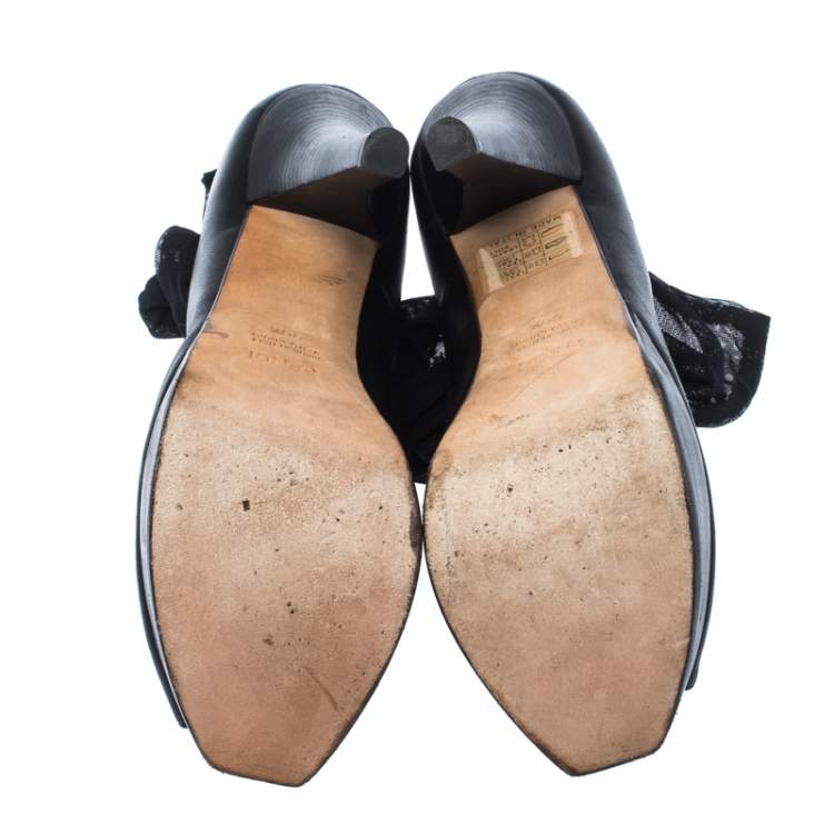 Pre Owned Fendi Black Leather Ankle Warp Peep Toe Pumps Size 36.5