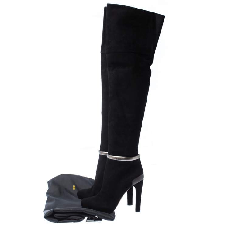 Pre Owned Fendi Black Suede Leather Platform Knee Length Boots Size 37.5