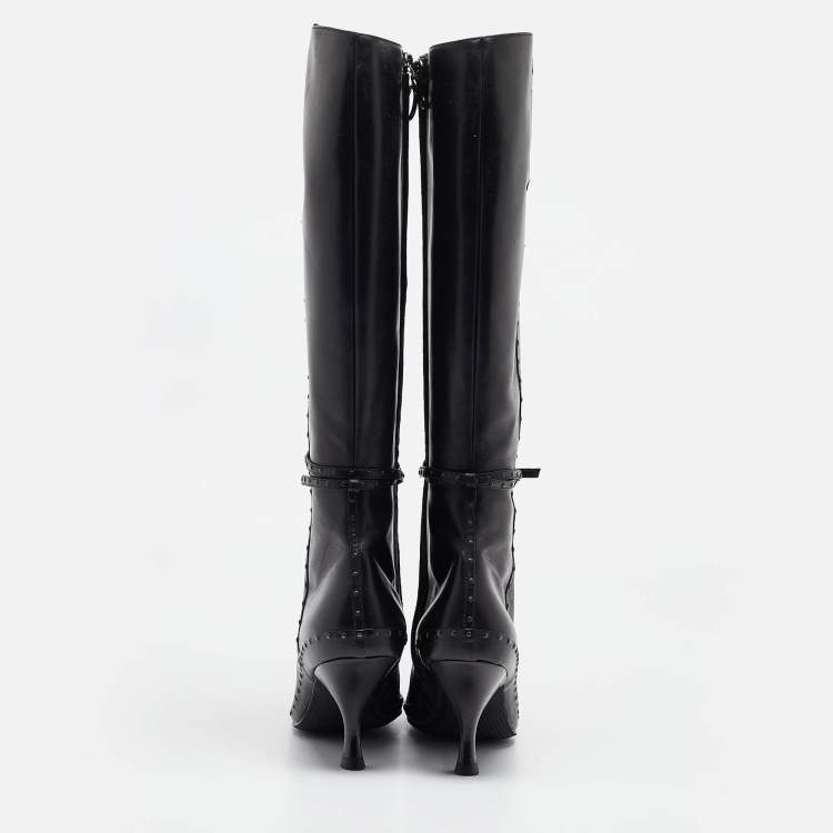 Pre Owned Fendi Black Leather Pointed Toe Knee Length Boots Size 40