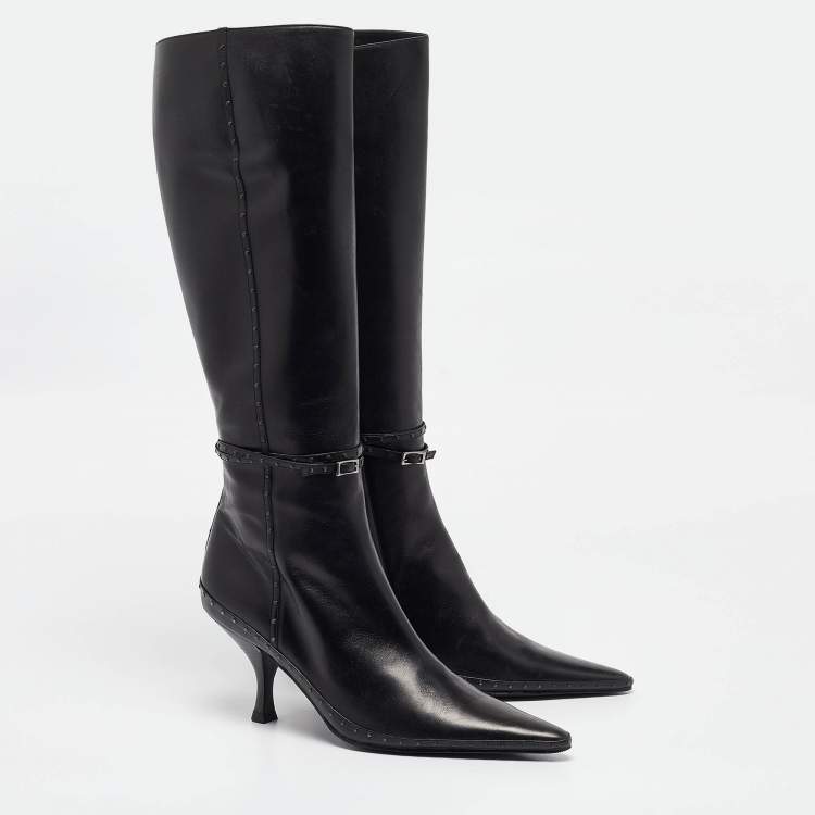 Pre Owned Fendi Black Leather Pointed Toe Knee Length Boots Size 40