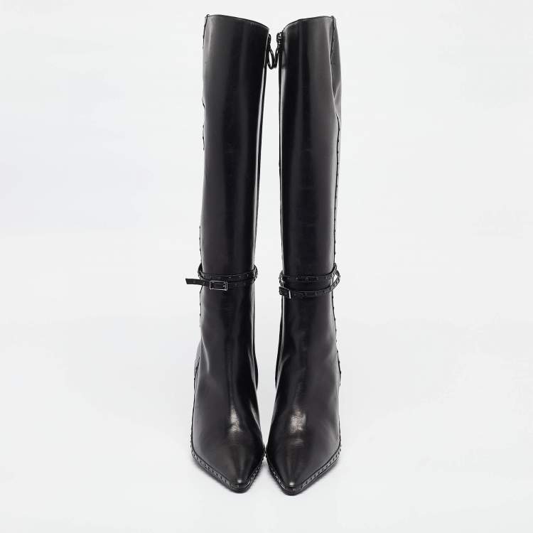 Pre Owned Fendi Black Leather Pointed Toe Knee Length Boots Size 40