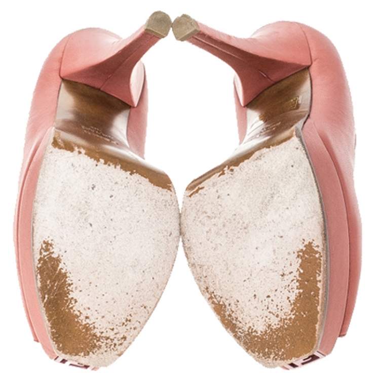 Pre Owned Fendi Coral Pink Leather Fendista Peep Toe Platform Pumps Size 38