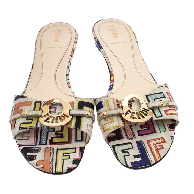 Pre Owned Fendi Multicolor Canvas Flat Slide Sandals Size 41 