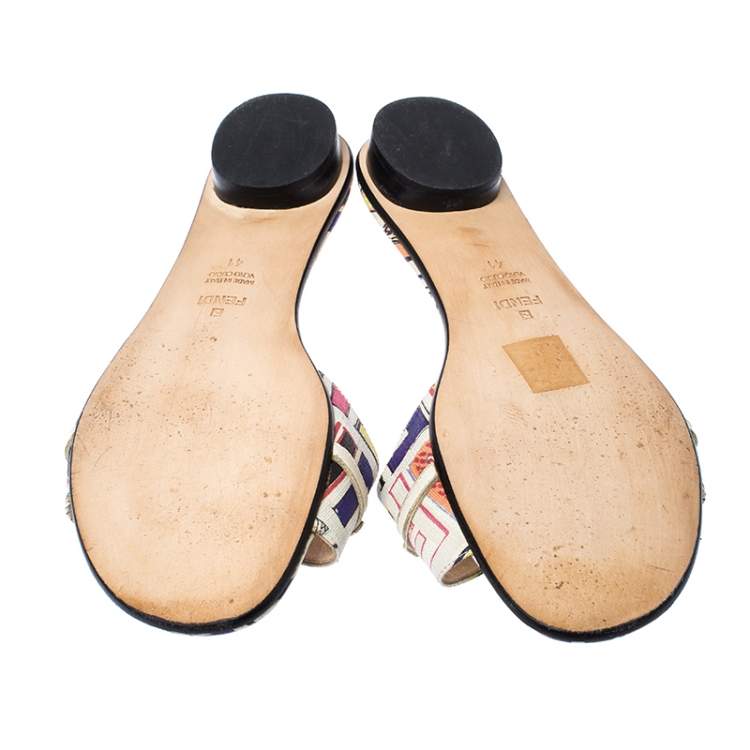 Pre Owned Fendi Multicolor Canvas Flat Slide Sandals Size 41 