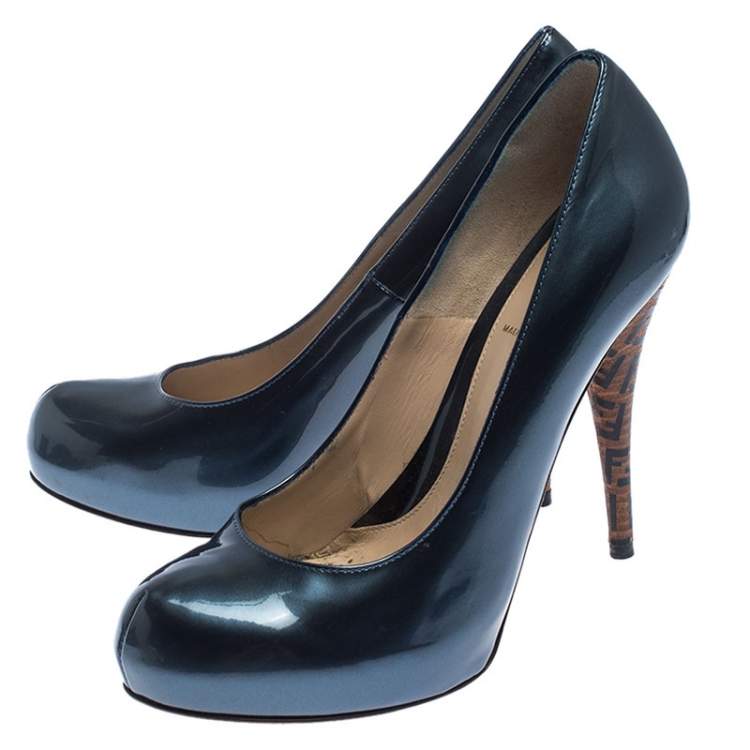 Pre Owned Fendi Blue Patent Leather Zucca Heel Platform Pumps Size 39