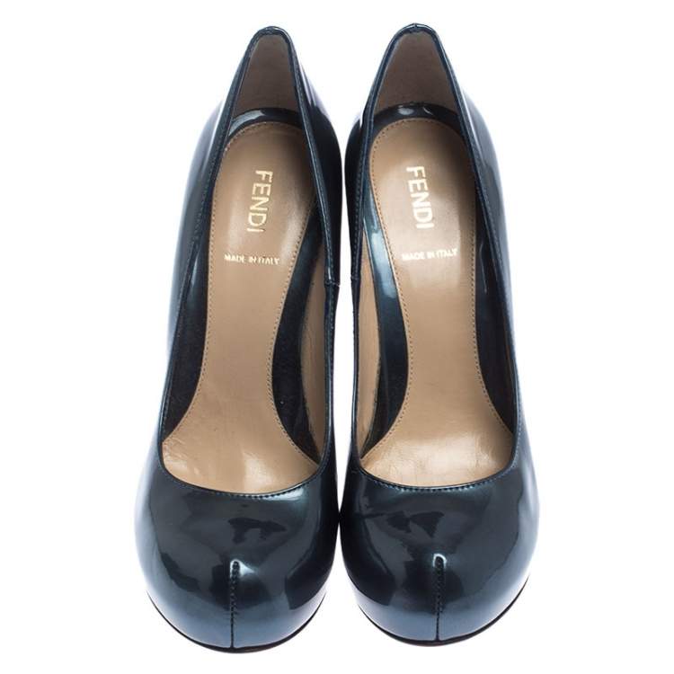 Pre Owned Fendi Blue Patent Leather Zucca Heel Platform Pumps Size 39