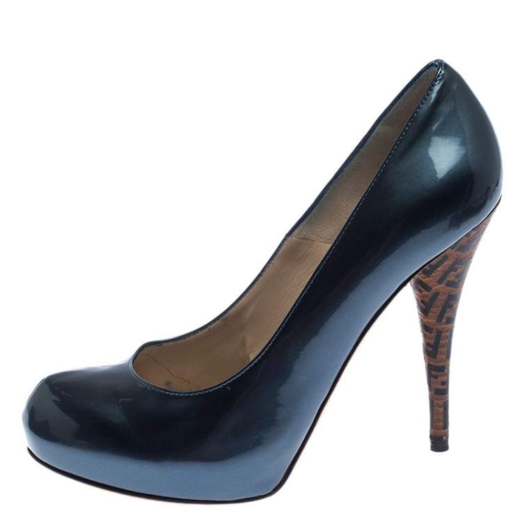 Pre Owned Fendi Blue Patent Leather Zucca Heel Platform Pumps Size 39