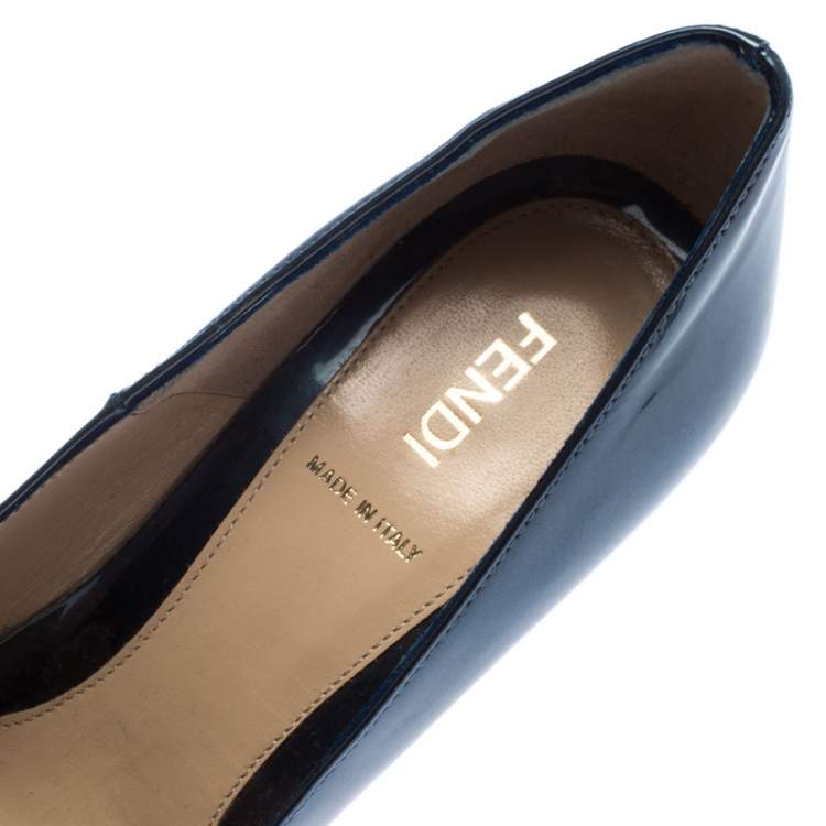 Pre Owned Fendi Blue Patent Leather Zucca Heel Platform Pumps Size 39