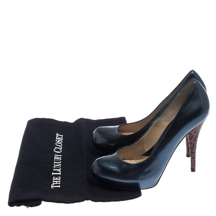 Pre Owned Fendi Blue Patent Leather Zucca Heel Platform Pumps Size 39