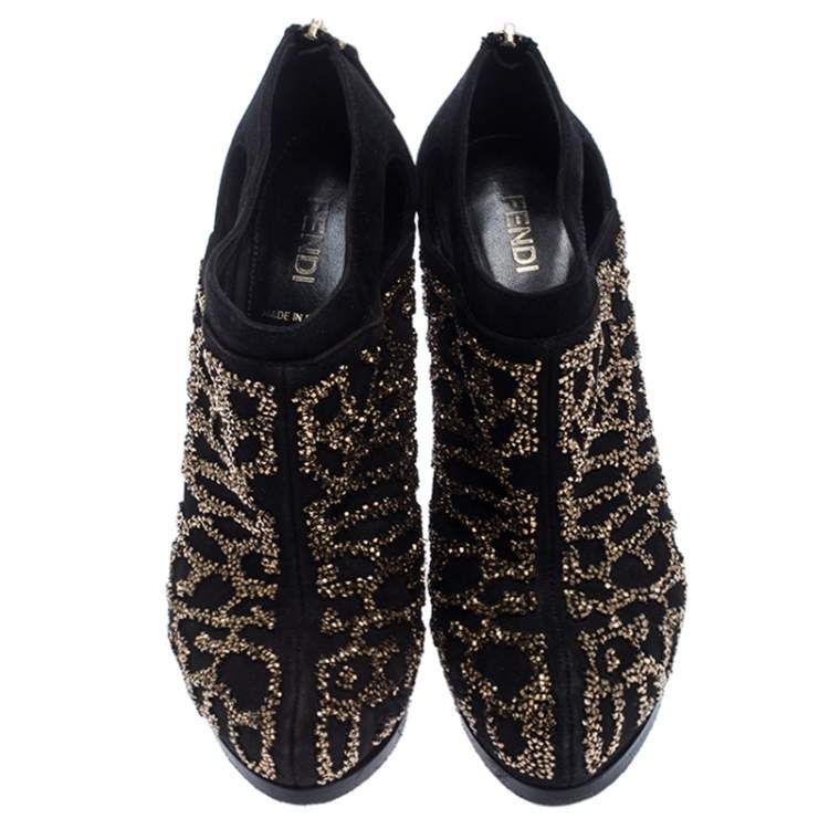 Pre Owned Fendi Black Suede Crystal Embellished Platform Ankle Booties Size 37