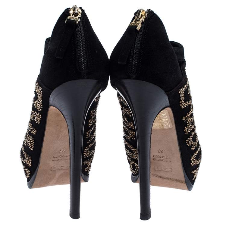 Pre Owned Fendi Black Suede Crystal Embellished Platform Ankle Booties Size 37