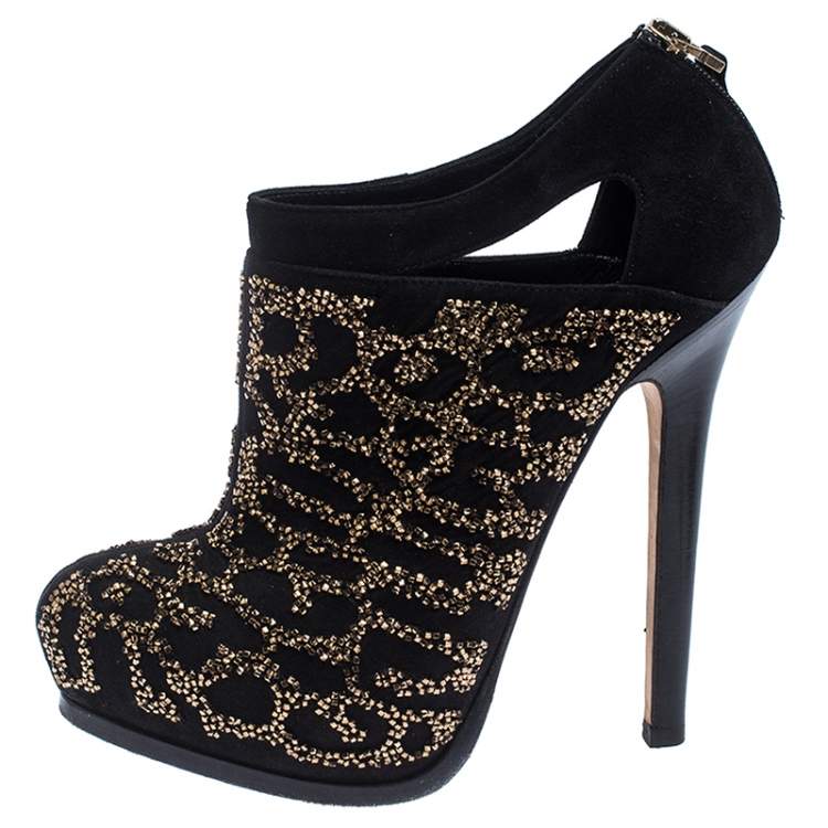 Pre Owned Fendi Black Suede Crystal Embellished Platform Ankle Booties Size 37