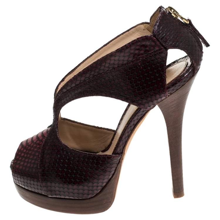 Pre Owned Fendi Brown/Burgundy Python Strappy Peep Toe Platform Sandals Size 36.5