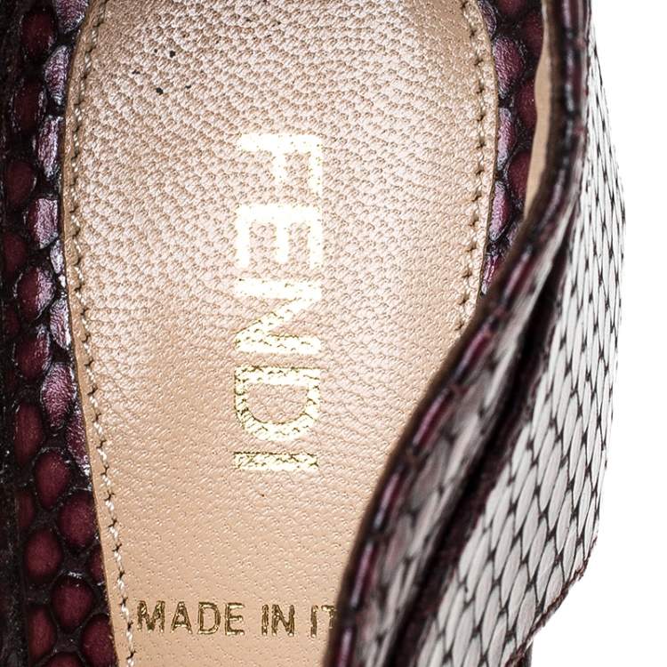 Pre Owned Fendi Brown/Burgundy Python Strappy Peep Toe Platform Sandals Size 36.5