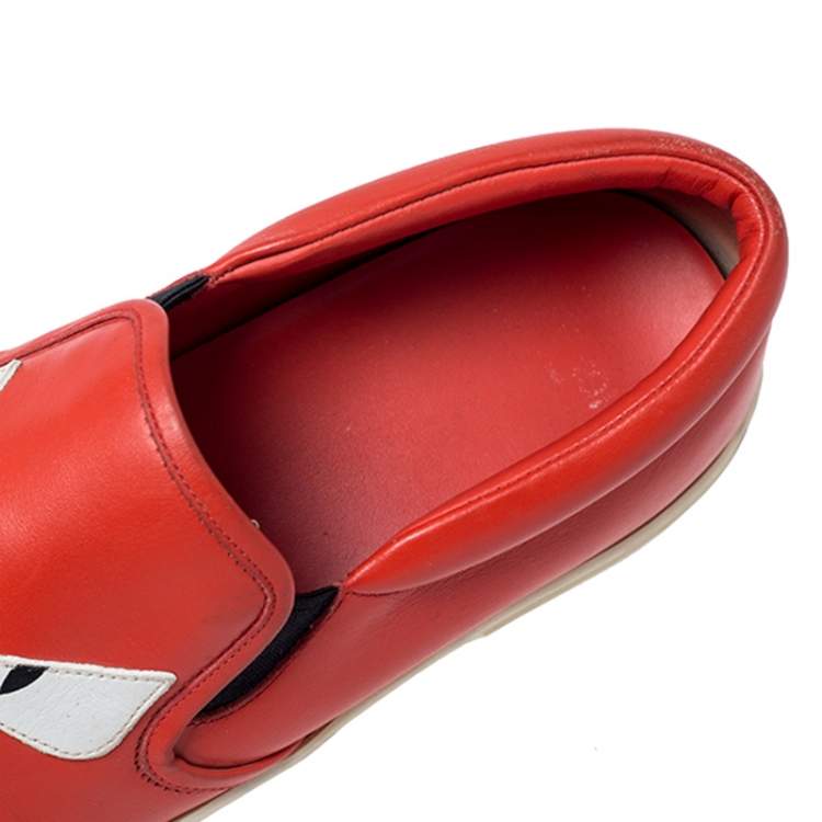 Pre Owned Fendi Red Leather Bag Bugs Slip On Sneakers Size 37