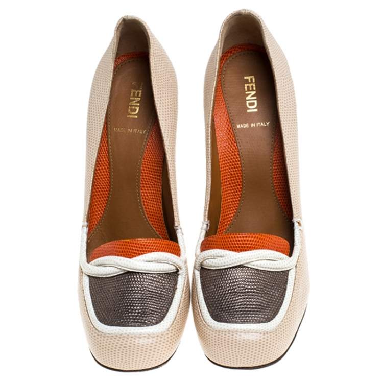 Pre Owned Fendi Multicolor Lizard Loafer Pumps Size 38.5