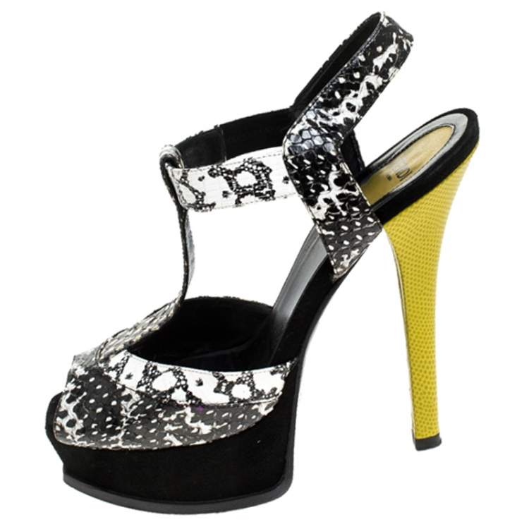 Pre Owned Fendi Multicolor Python Embossed Leather T-Strap Platform Sandals Size 37.5