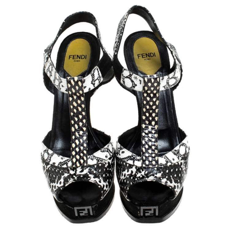 Pre Owned Fendi Multicolor Python Embossed Leather T-Strap Platform Sandals Size 37.5