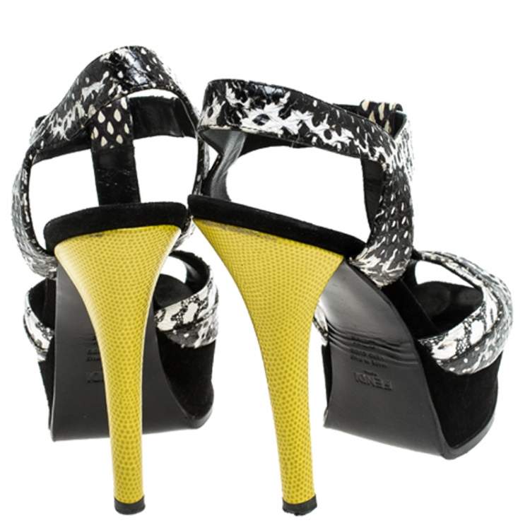 Pre Owned Fendi Multicolor Python Embossed Leather T-Strap Platform Sandals Size 37.5
