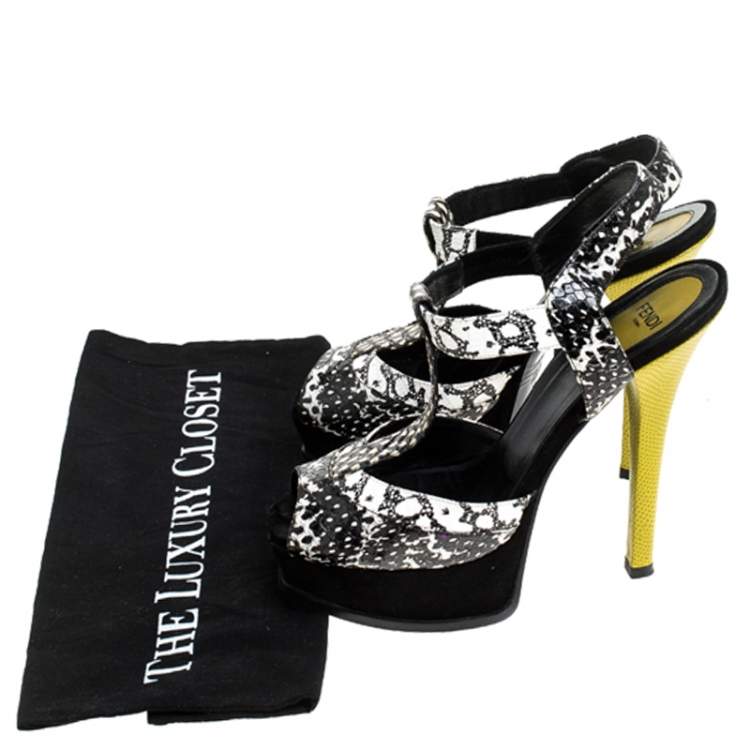 Pre Owned Fendi Multicolor Python Embossed Leather T-Strap Platform Sandals Size 37.5