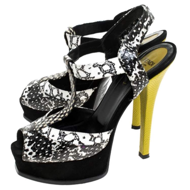 Pre Owned Fendi Multicolor Python Embossed Leather T-Strap Platform Sandals Size 37.5