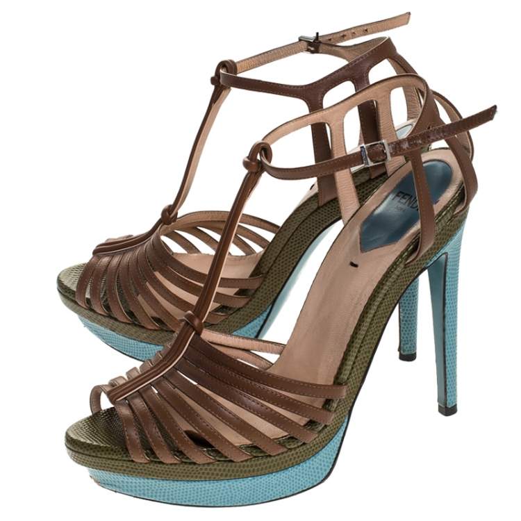 Pre Owned Fendi Brown Leather T Strap Platform Sandals Size 38