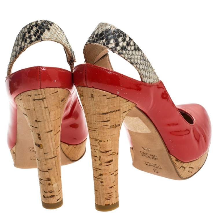 Pre Owned Fendi Orange Patent Leather Cork Platform Slingback Sandals Size 36.5