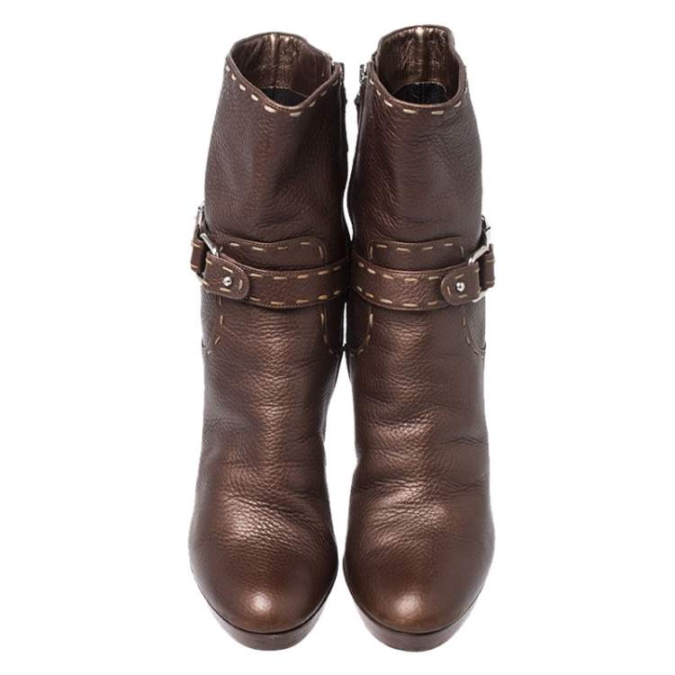 Pre Owned Fendi Bronze Whip Stitch Leather Buckle Ankle Boots Size 39.5