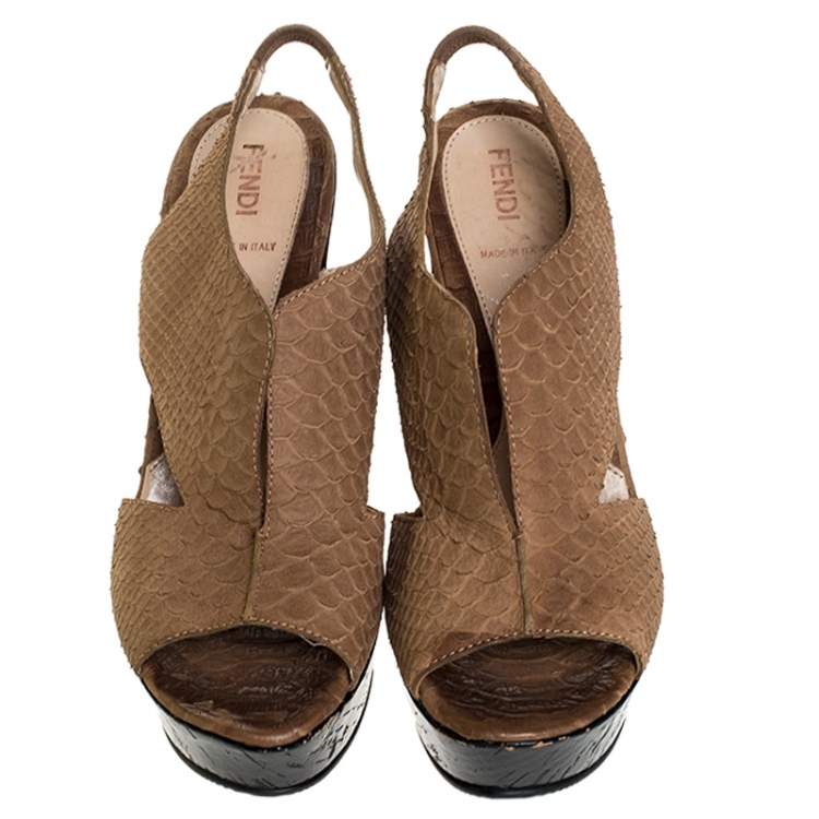 Pre Owned Fendi Light Brown Python Embossed Leather Slingback Platform Wedge Sandals Size 38