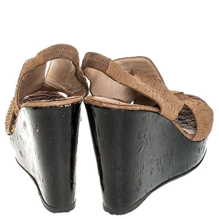 Pre Owned Fendi Light Brown Python Embossed Leather Slingback Platform Wedge Sandals Size 38