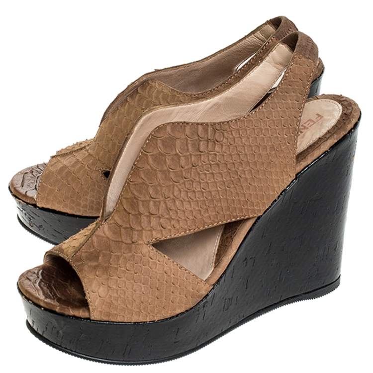 Pre Owned Fendi Light Brown Python Embossed Leather Slingback Platform Wedge Sandals Size 38