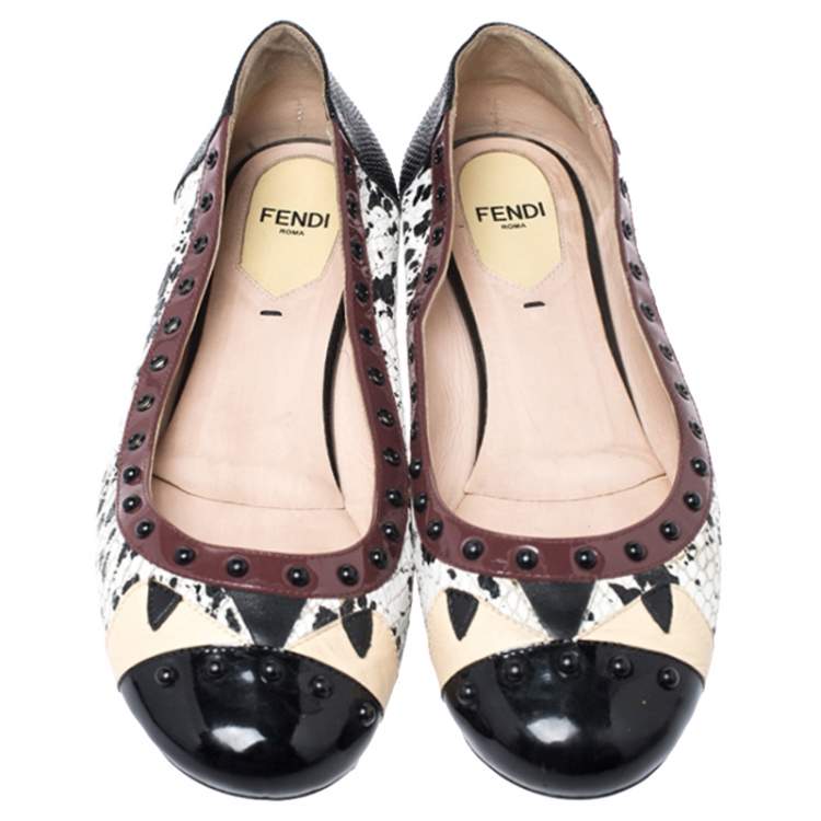 مملوكة مسبقًا Fendi Multicolor Embossed Python And Lizard, Patent Leather Trim And Cap Toe Monster Ballet Flats Size 37