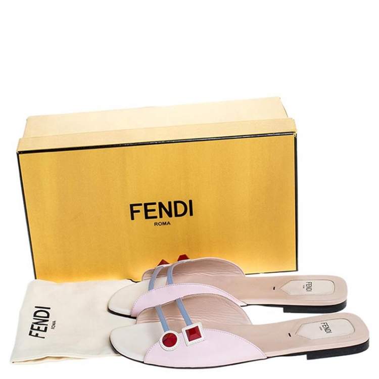Pre Owned Fendi Pink/Blue Leather Geometric Studded Flat Sandals Size 40