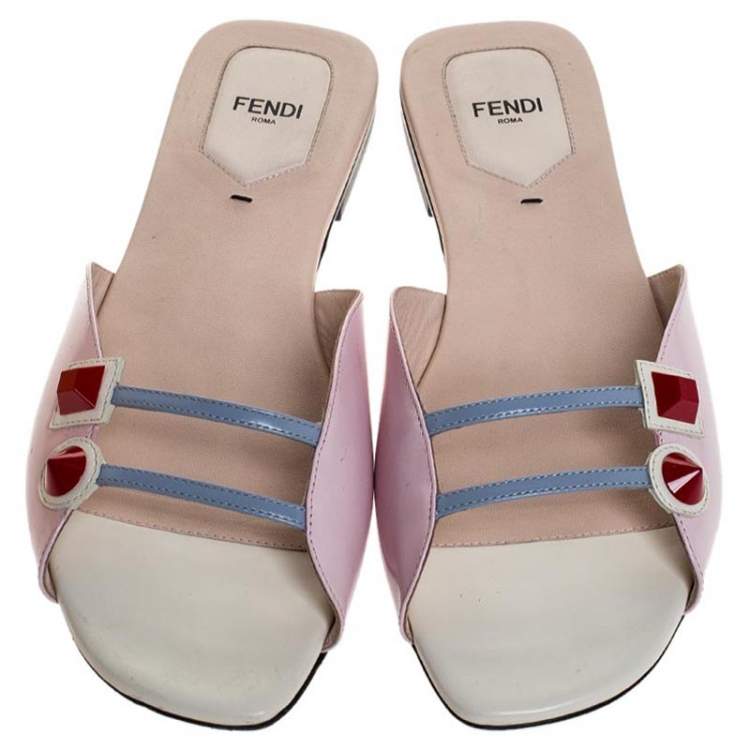 Pre Owned Fendi Pink/Blue Leather Geometric Studded Flat Sandals Size 40