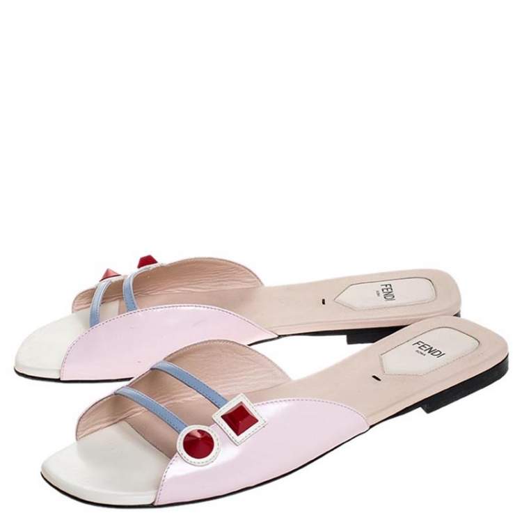 Pre Owned Fendi Pink/Blue Leather Geometric Studded Flat Sandals Size 40