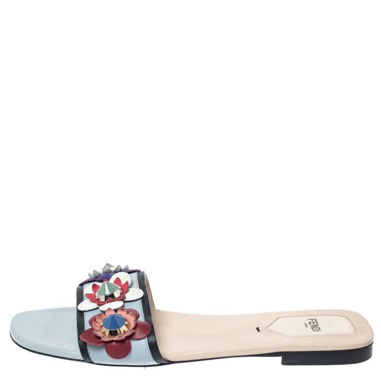 Pre Owned Fendi Blue Leather Flowerland Embellished Flats Sildes Size 38.5