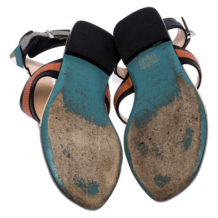 مملوكة مسبقًا Fendi Multicolor Leather And Lizard Embossed Studded Ankle Cuff Flat Sandals Size 37.5