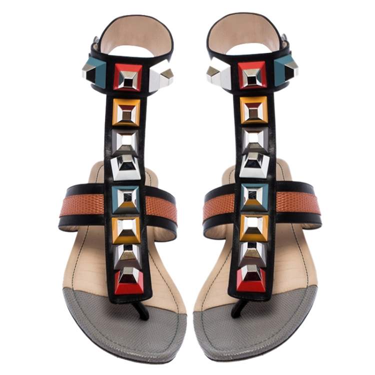 مملوكة مسبقًا Fendi Multicolor Leather And Lizard Embossed Studded Ankle Cuff Flat Sandals Size 37.5