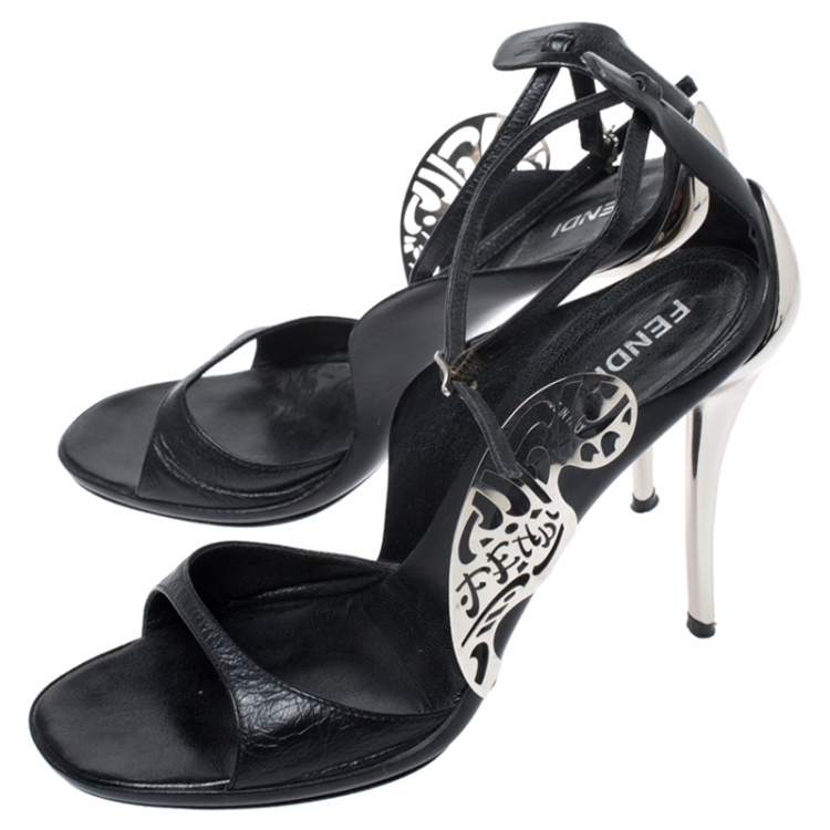 Pre Owned Fendi Black Leather Metal Applique Embellished Ankle Strap Sandals Size 37
