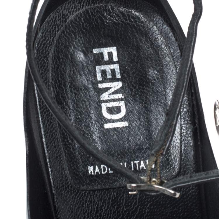 Pre Owned Fendi Black Leather Metal Applique Embellished Ankle Strap Sandals Size 37